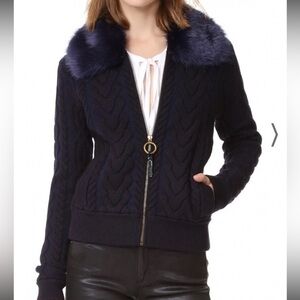 TORY BURCH Contraire Merino Wool Cable Knit Faux Fur Sweater Bomber Jacket XL